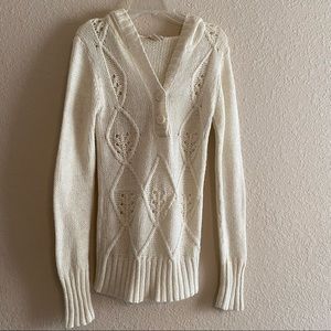 Cream knit sweater with gold glitter thread and hood